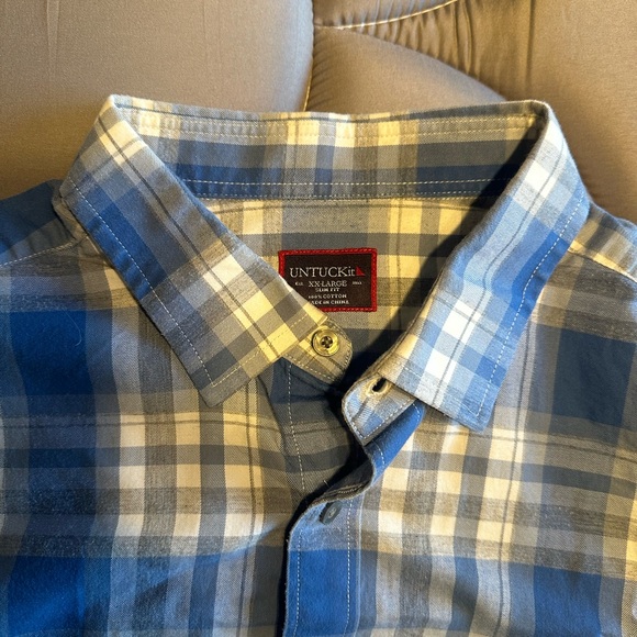 Navy Blue Checkered Untuckit Long Sleeve Shirt - Picture 3 of 4